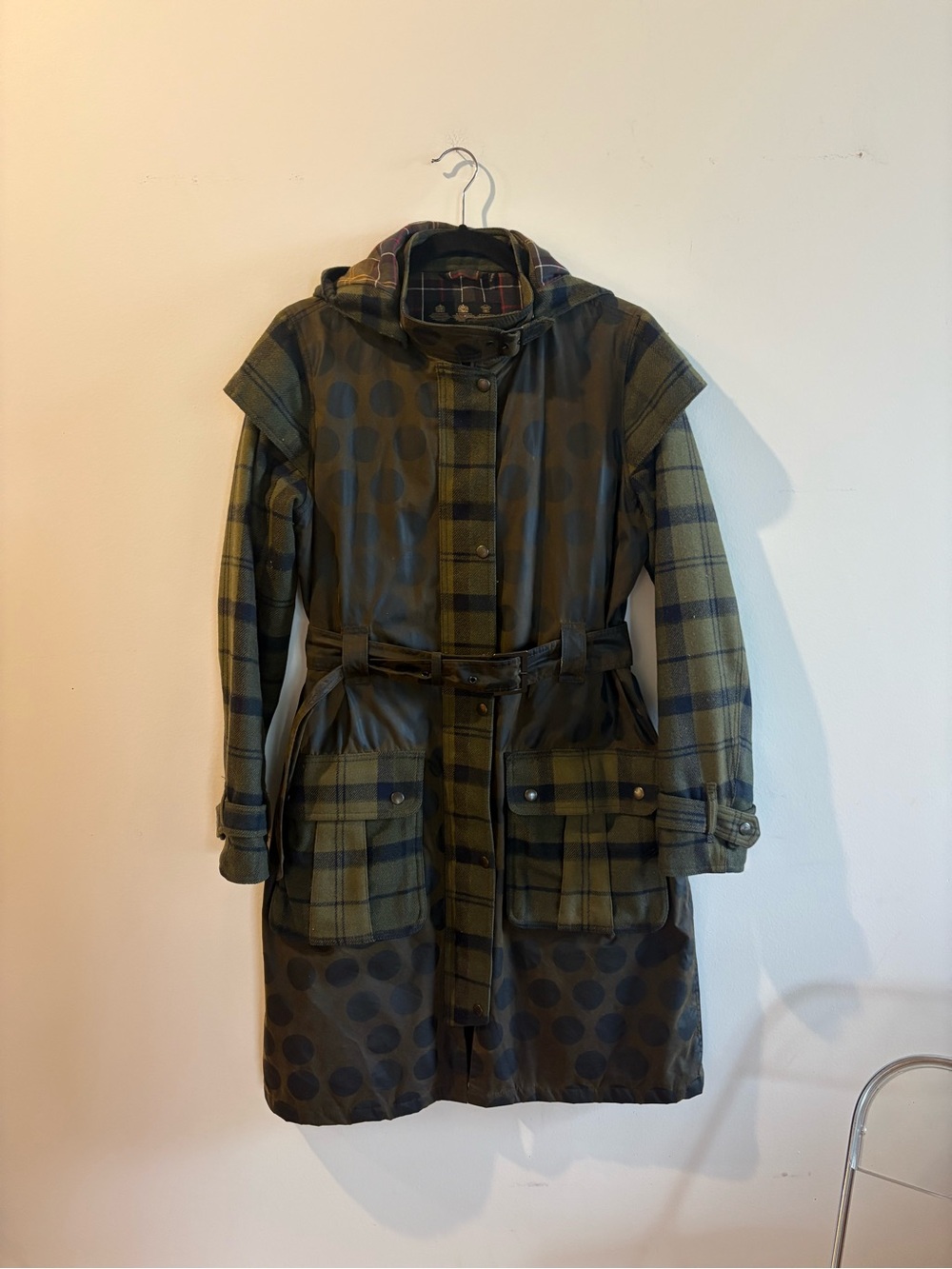 Barbour Olive Plaid & Dot Print Hooded Trench Coat